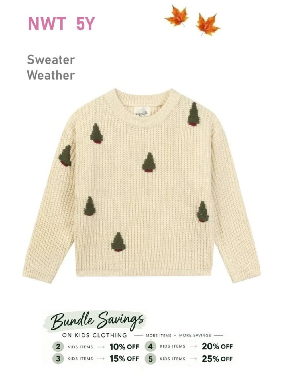 NWT - VIGNETTE Cream Color Knit Sweater with Trees details - size 5Y
